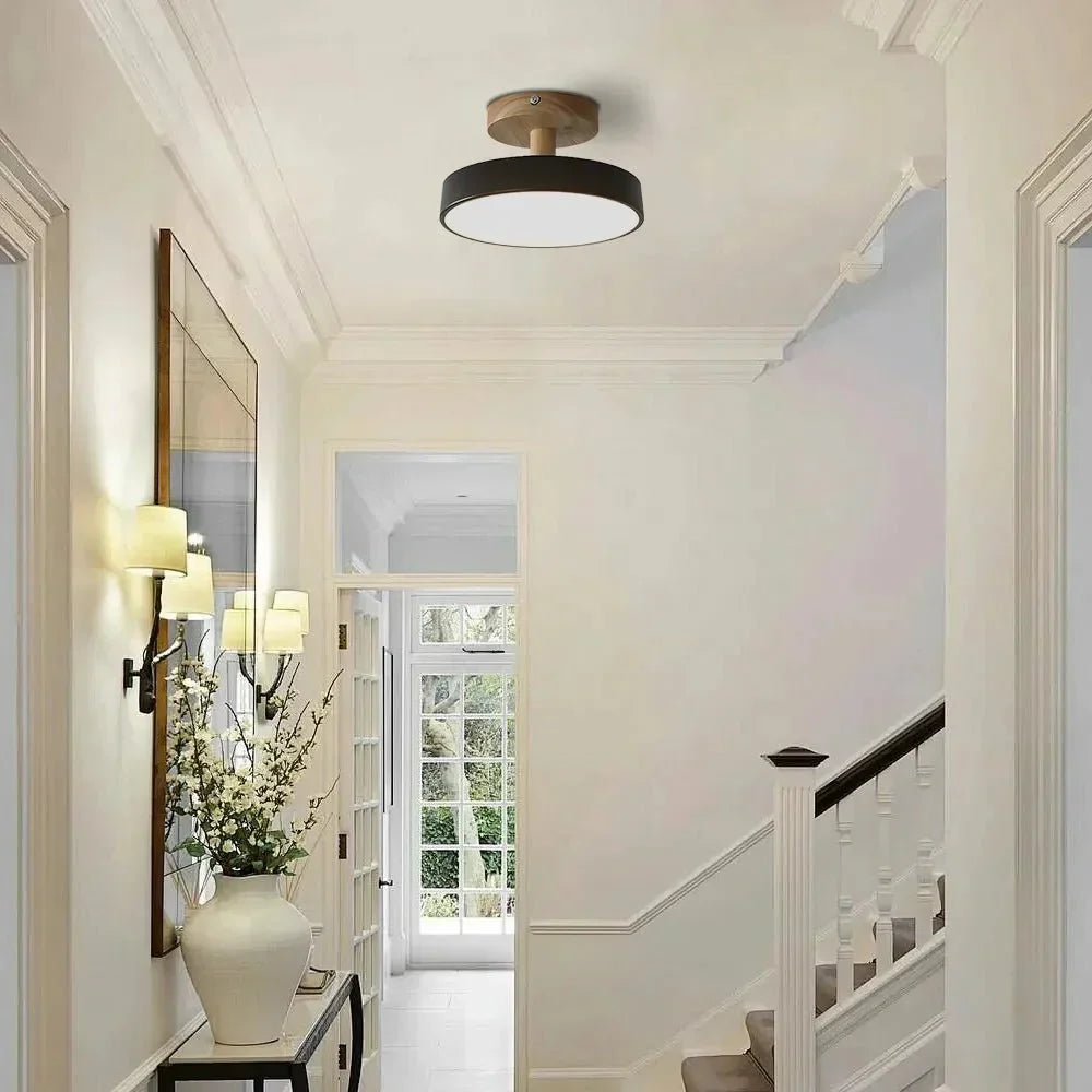 Wood Base Round LED Ceiling Light, Semi-Flush Mount, 12 Inches