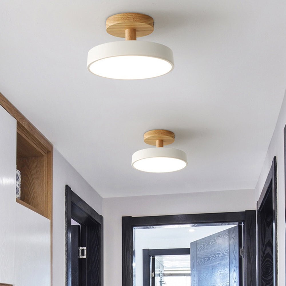 Wood Base Round LED Ceiling Light, Semi-Flush Mount, 12 Inches