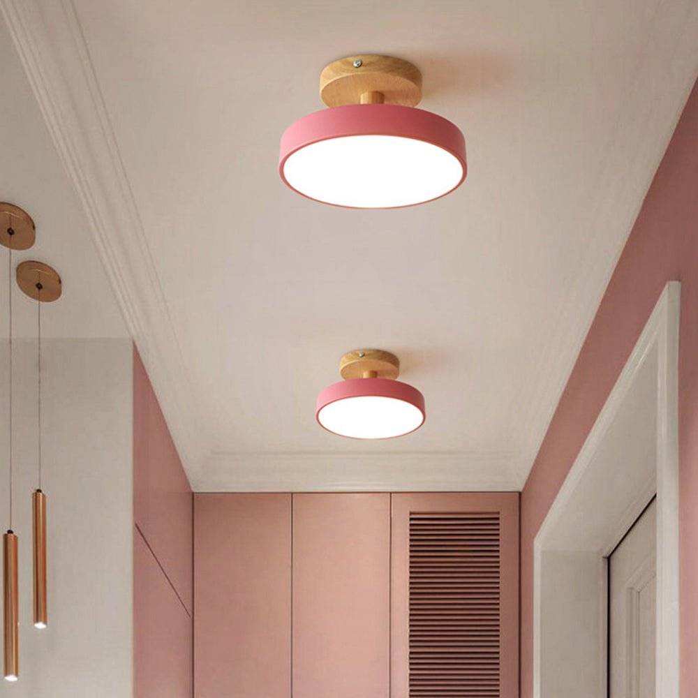 Wood Base Round LED Ceiling Light, Semi-Flush Mount, 12 Inches