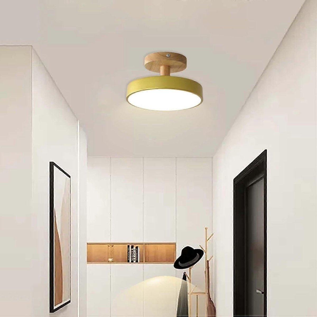 Wood Base Round LED Ceiling Light, Semi-Flush Mount, 12 Inches