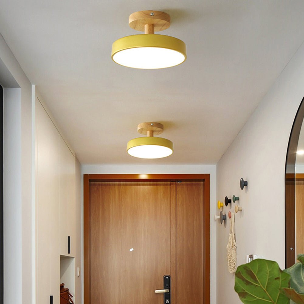 Wood Base Round LED Ceiling Light, Semi-Flush Mount, 12 Inches