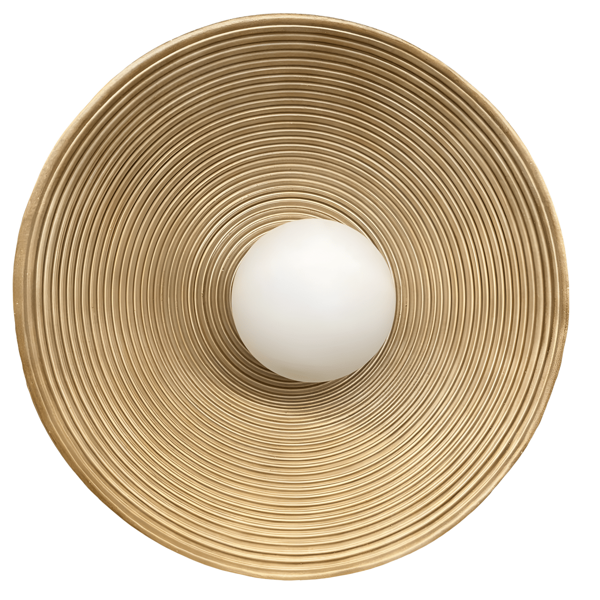 Gold-tone round wall sconce with concentric ribbed rings and a white globe, shown straight on.