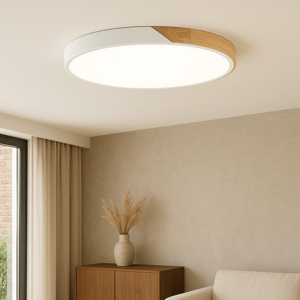 Circular Wood And Metal LED Flush Mount Overhead Light Fixture