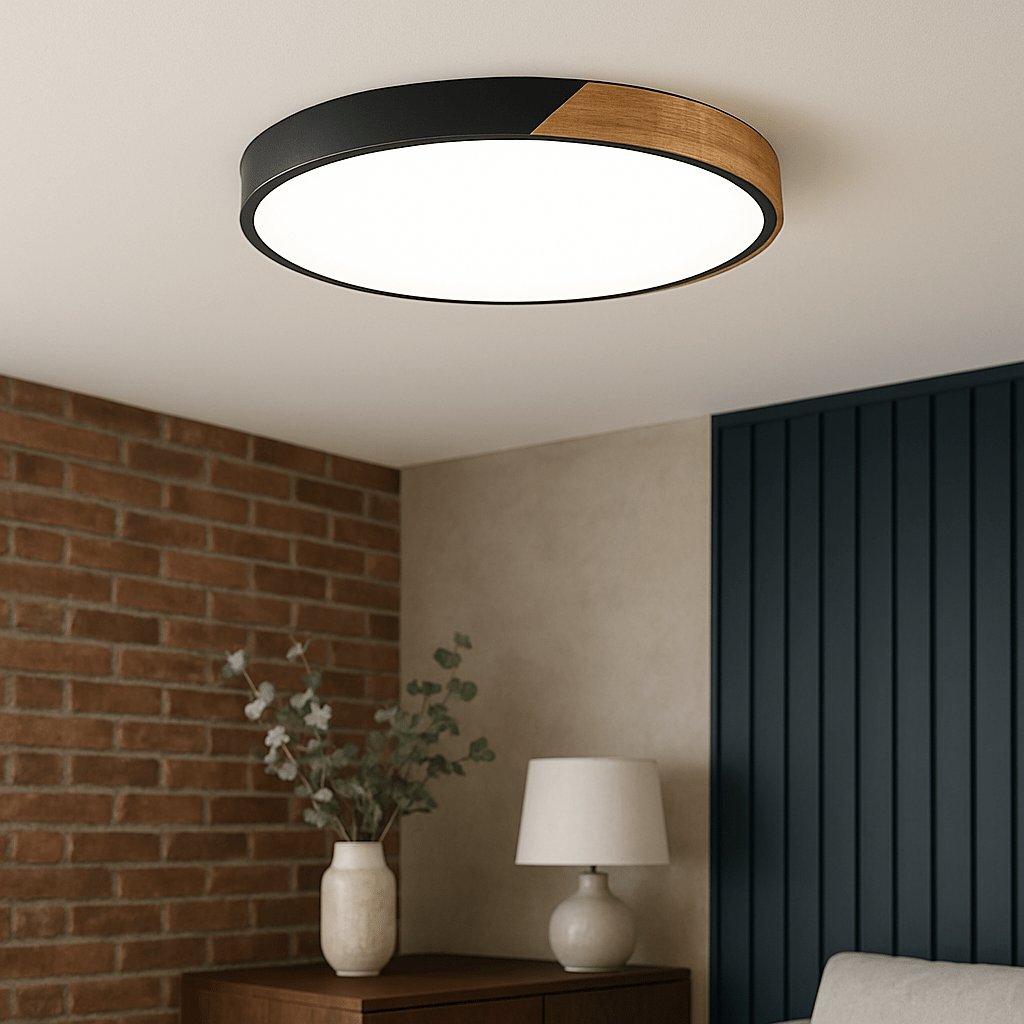 Circular Wood And Metal LED Flush Mount Overhead Light Fixture