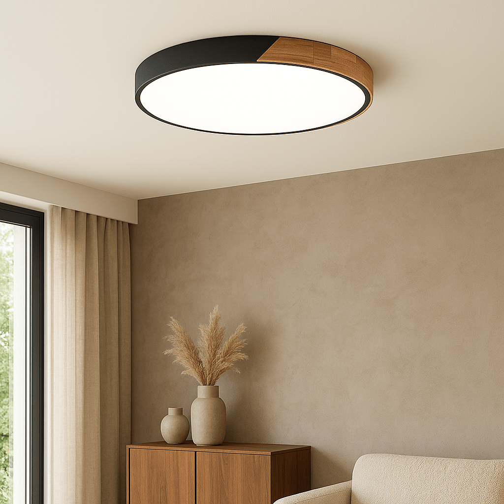 Circular Wood And Metal LED Flush Mount Overhead Light Fixture