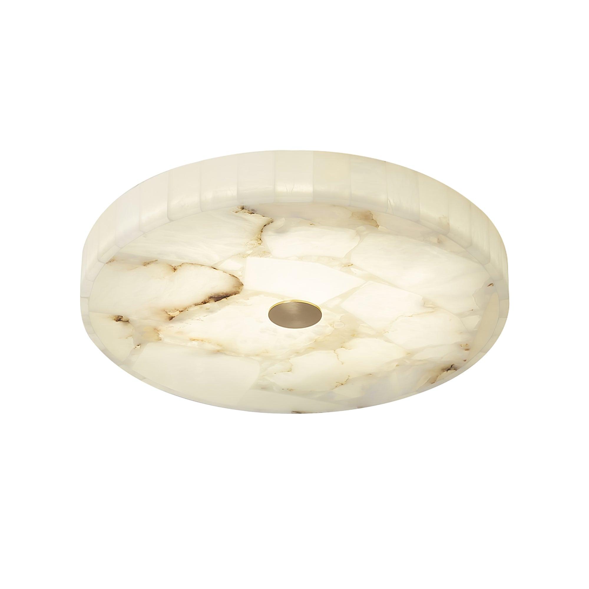 Product shot on white of the flushmount unlit, showing caramel veining running through the stone