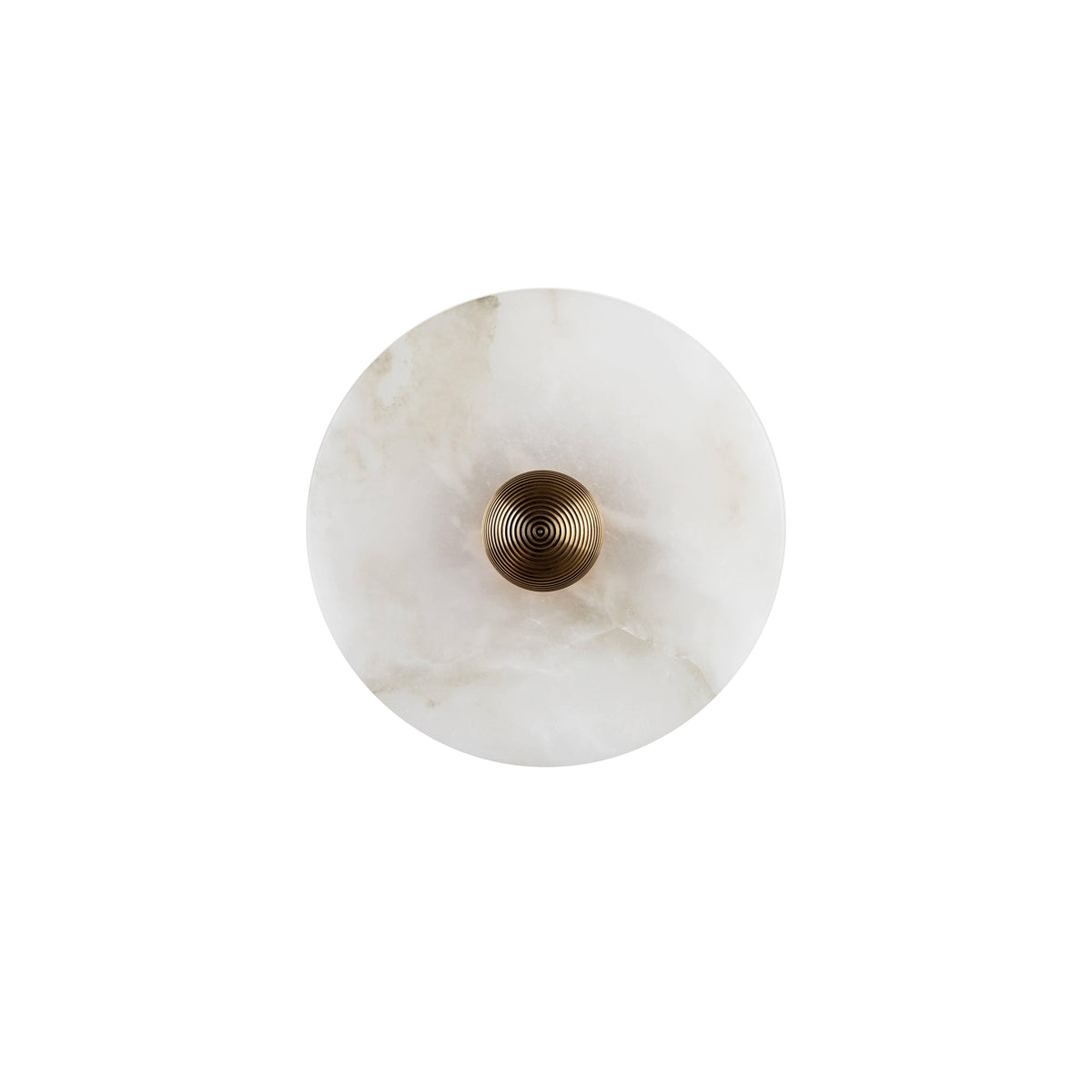 Clérachic round alabaster wall sconce shown straight on, unlit, with its ribbed gold centre boss and honey veining.