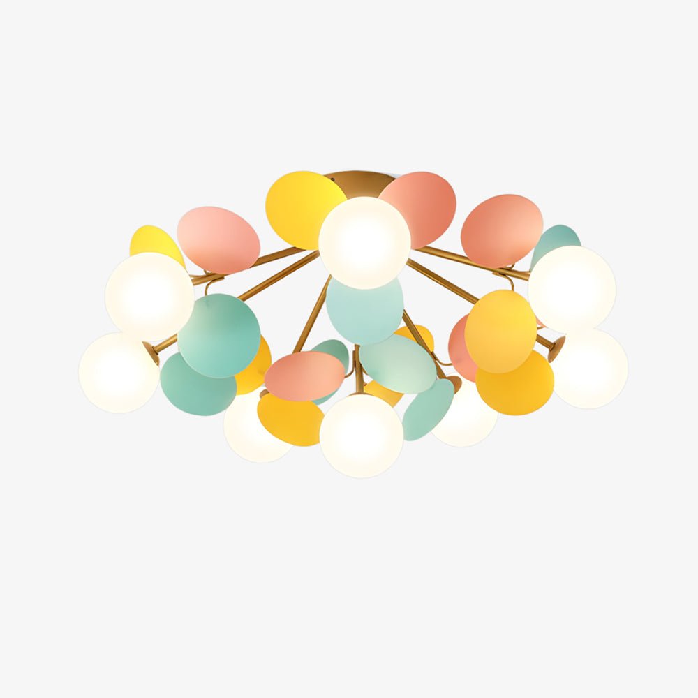 Macaron ceiling lamp glowing above a styled living area