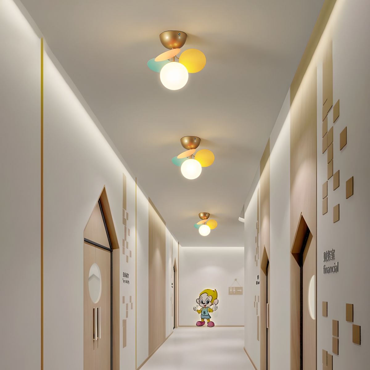 Macaron ceiling lamp with colorful discs in a styled room