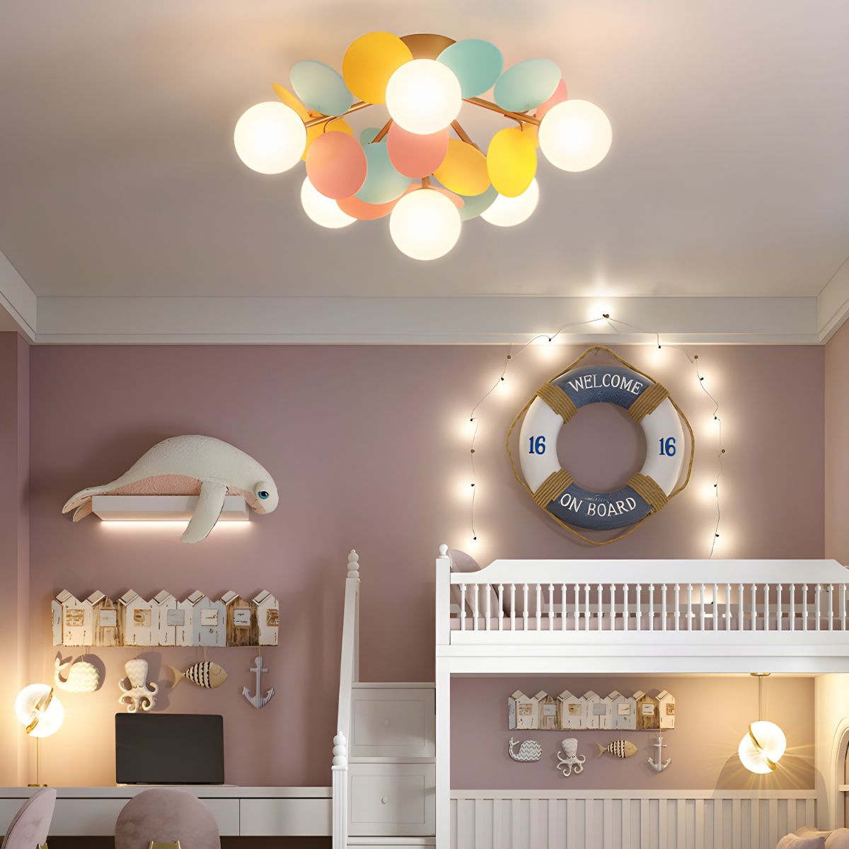 Macaron ceiling lamp with pastel discs glowing in a bedroom