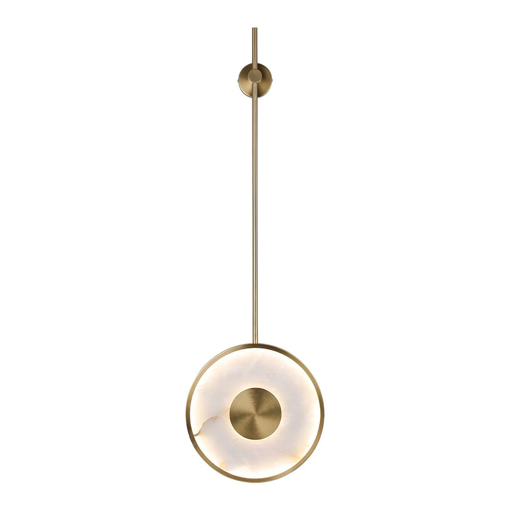 The medium-rod version on white, brass rod centred above the lit alabaster disc.