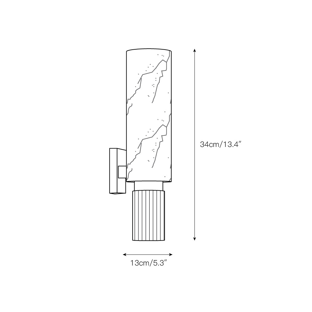 Black and white line drawing schematic of a wall-mounted cylindrical shower fixture with dimension annotations showing a height of 34cm (13.4") and a width of 13cm (5.