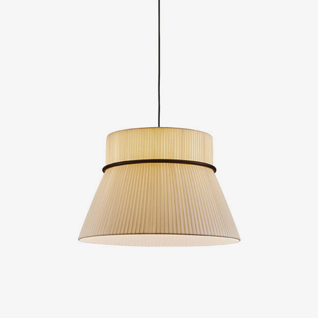 Tapering from a narrow crown to a wide rim, this Clérachic pendant's pleated beige shade hangs unlit against a plain backdrop.