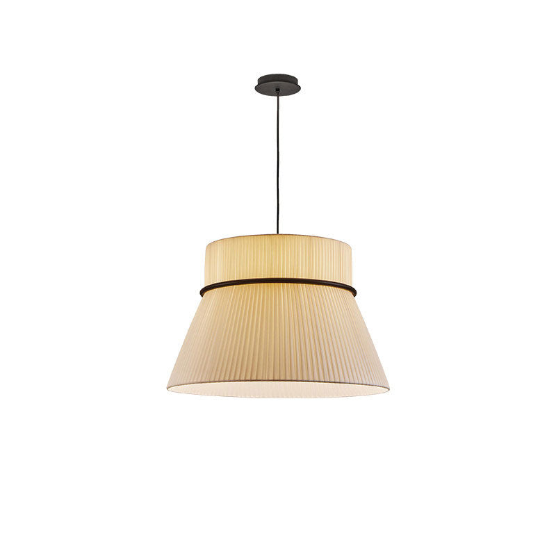 This Clérachic pendant hangs from a round black canopy, its pleated beige shade cinched by a black ring band, shown unlit on white.