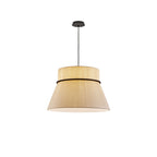 This Clérachic pendant hangs from a round black canopy, its pleated beige shade cinched by a black ring band, shown unlit on white.