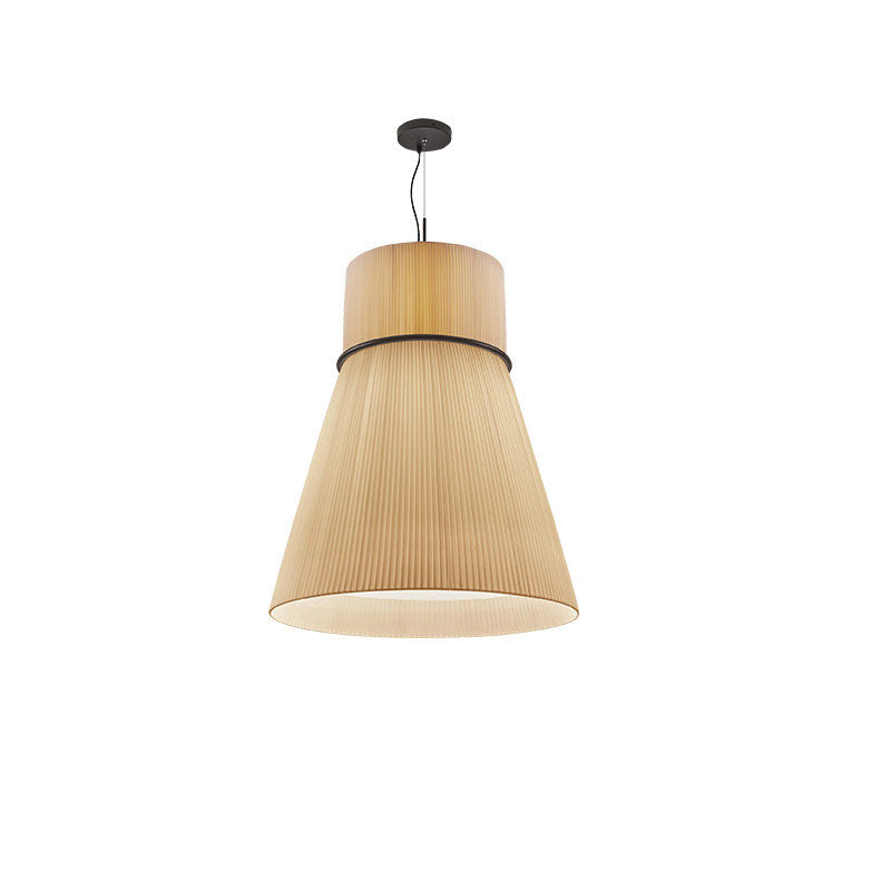 Suspended on a black cord, this Clérachic pendant's pleated fabric shade flares from a narrow crown to a wide rim, shown unlit on white.
