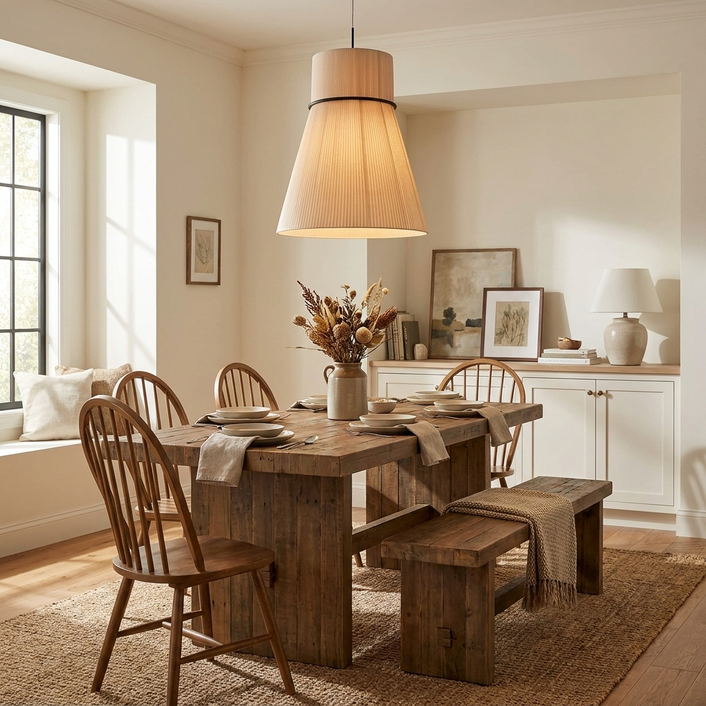 Dried flowers and a window seat sit near a farmhouse table with a bench, lit by this pleated Clérachic pendant.
