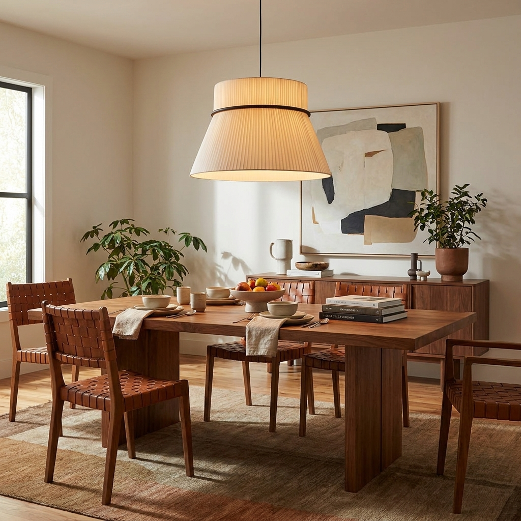 An abstract painting and leafy plants frame a wood dining table lit by this pleated Clérachic pendant.