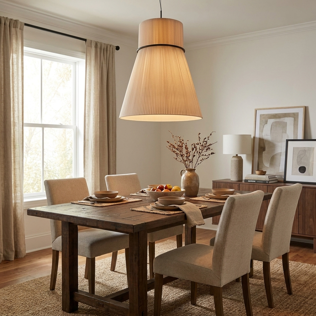 Beige linen chairs and a stocked wood sideboard sit beneath a dining table lit by this pleated Clérachic pendant.