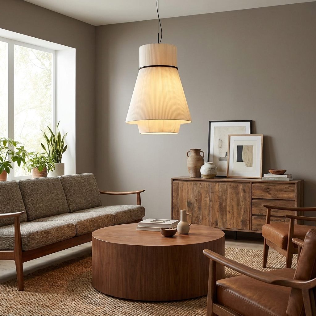 A tweed sofa and round wood coffee table sit beneath this pleated Clérachic pendant in a grey-walled living room.