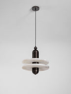 Dark bronze Saturn pendant with the two alabaster discs set slightly offset, unlit, at full length