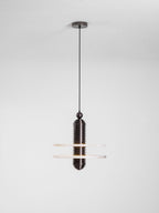 Full drop of the dark bronze Saturn pendant with its round ceiling canopy and black cord