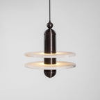 Saturn alabaster pendant light in dark bronze with two stacked stone discs, both edges glowing