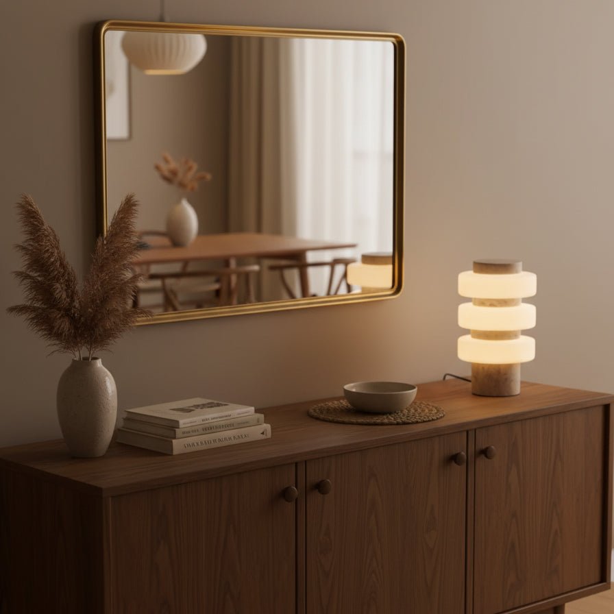 Clérachic travertine table lamp lit on a wood sideboard below a round mirror, beside a vase of dried pampas grass.