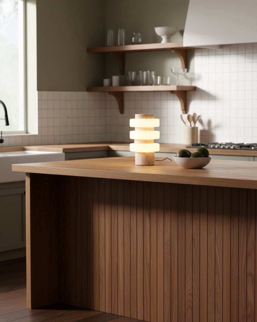 Clérachic travertine table lamp lit on a wood kitchen island, with open shelves and a tiled backsplash behind it.