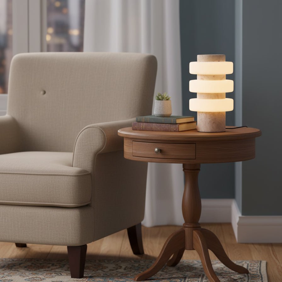 Beside an armchair on a patterned rug, a Clérachic travertine table lamp lights a round wood side table.