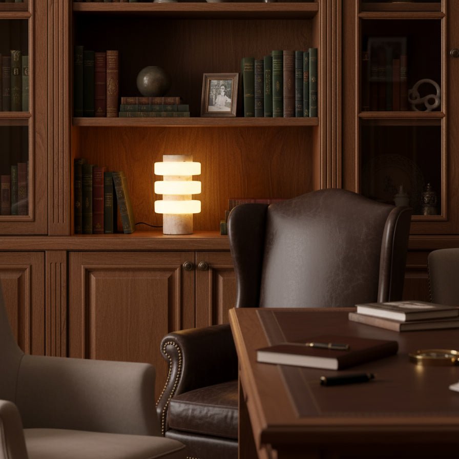 Clérachic travertine table lamp glowing on a wood shelf inside a panelled home library, beside a leather desk chair.