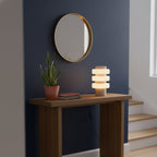 Against a navy wall beside a potted snake plant, a Clérachic travertine table lamp glows on its wood console table.