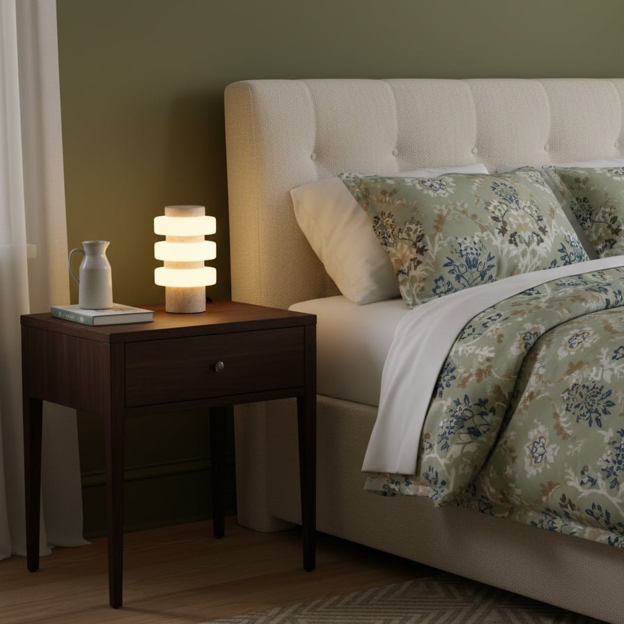 A made bed with floral-patterned pillows sits beside this Clérachic travertine table lamp on the bedside table.