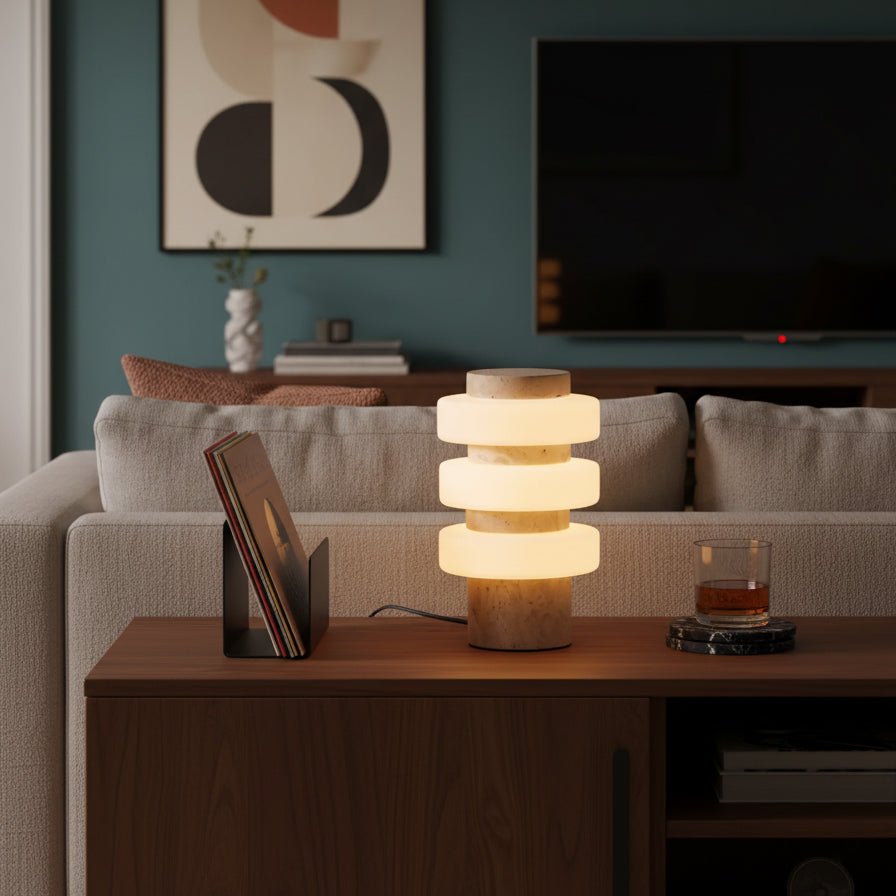 A whiskey glass and framed photo share the wood media console with this lit Clérachic travertine table lamp.