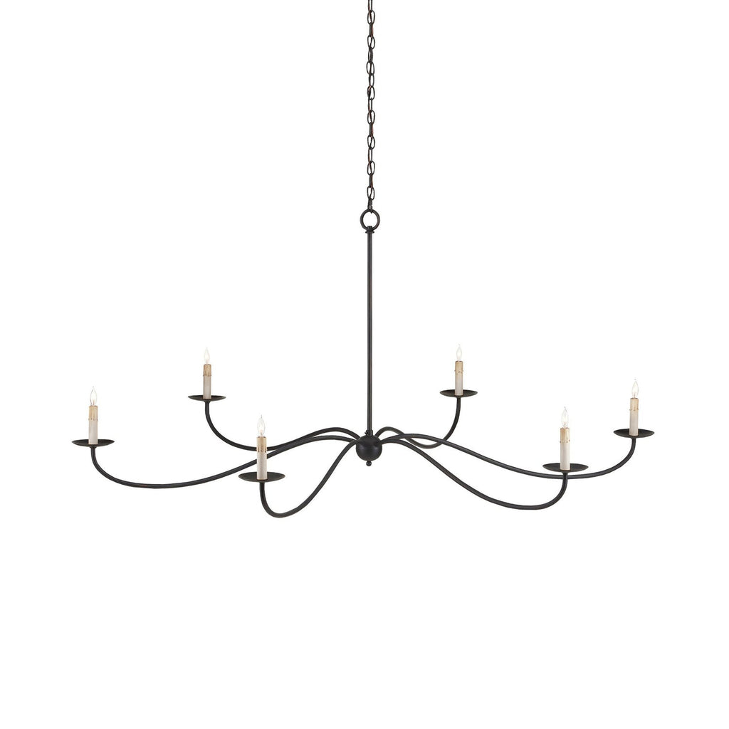 A detailed studio shot of this Clérachic chandelier in black finish, its candle bulbs lit and bare of shades.