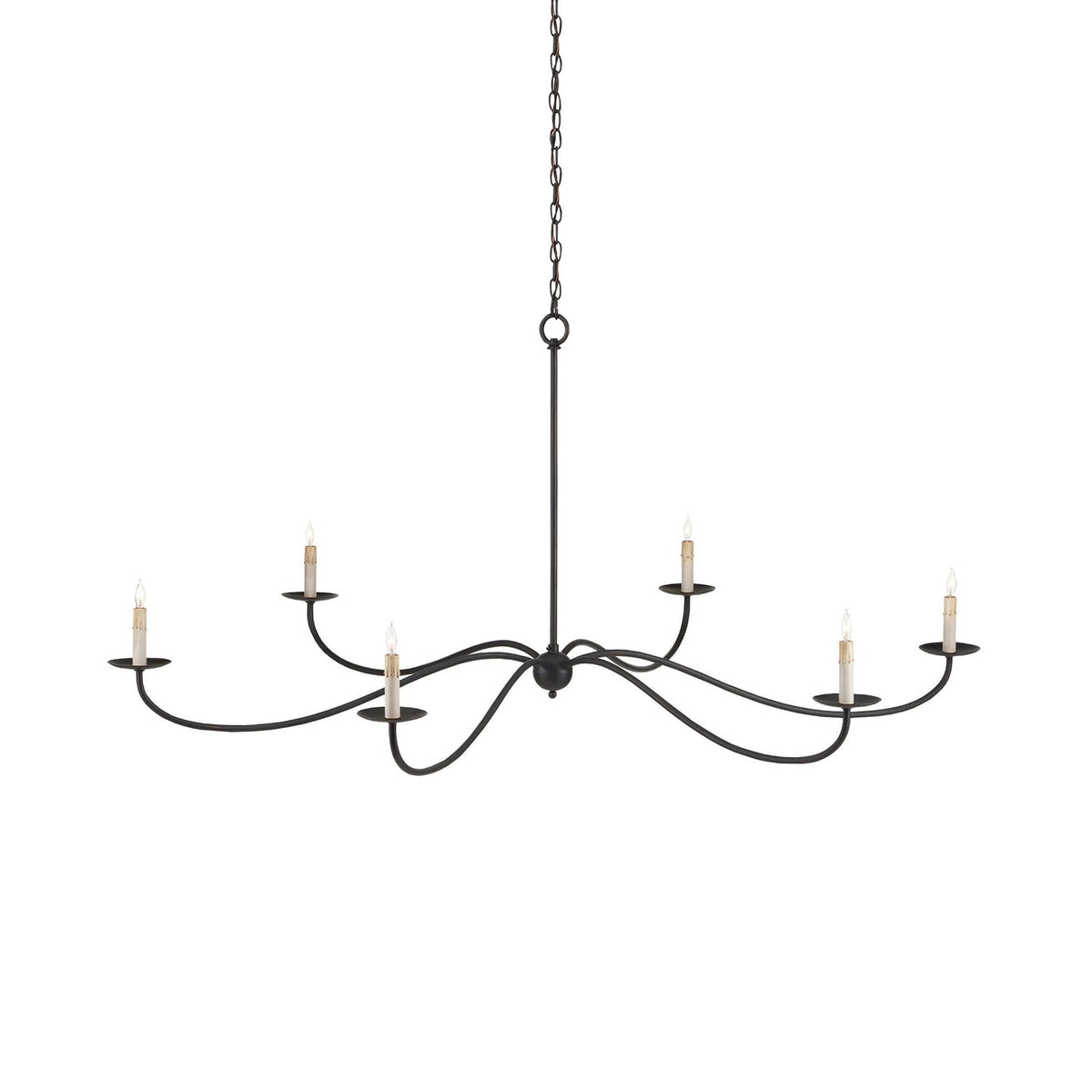 A detailed studio shot of this Clérachic chandelier in black finish, its candle bulbs lit and bare of shades.
