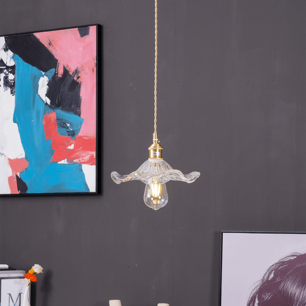 Brass Accent Pendant Light With Scalloped Glass Shade Fixture