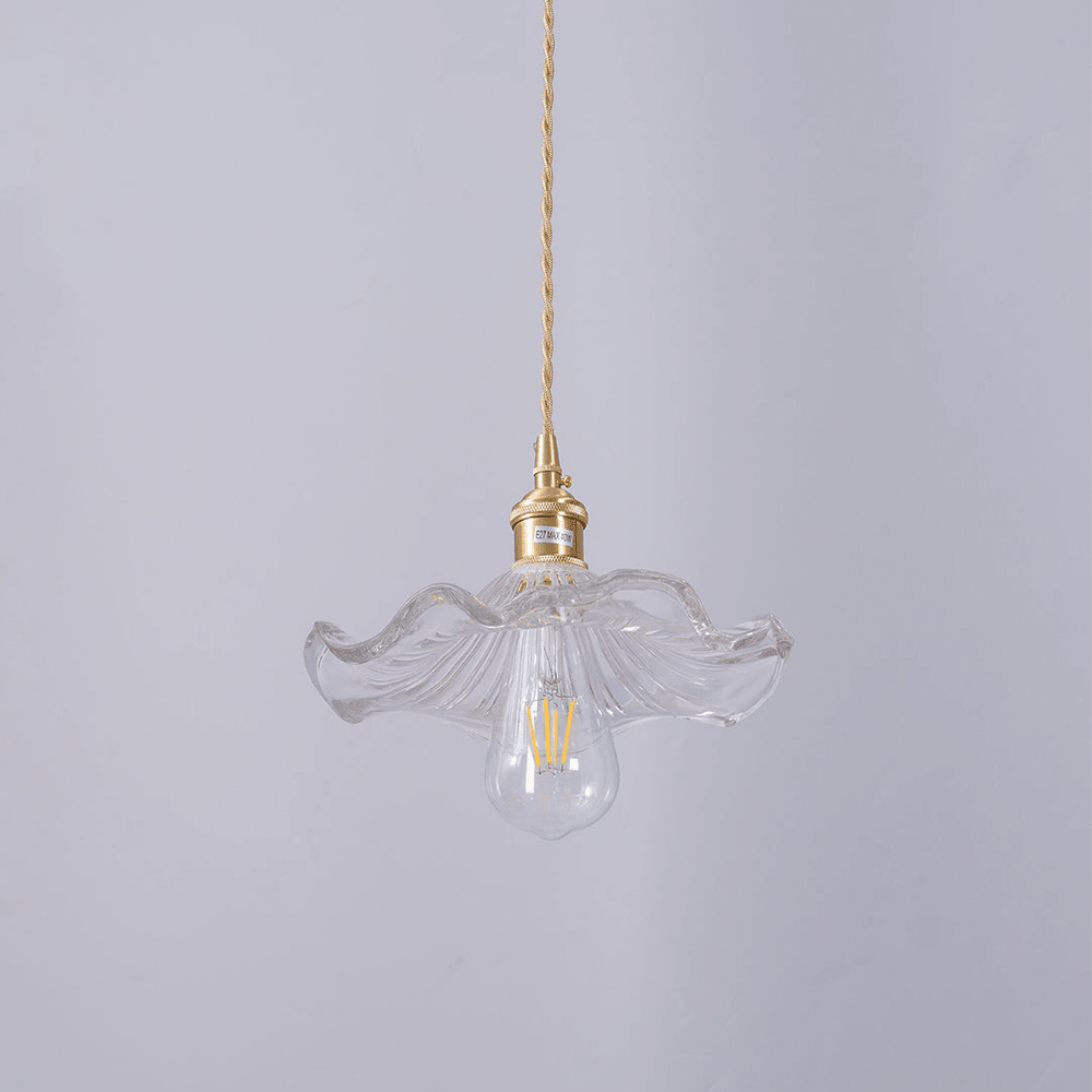 Brass Accent Pendant Light With Scalloped Glass Shade Fixture