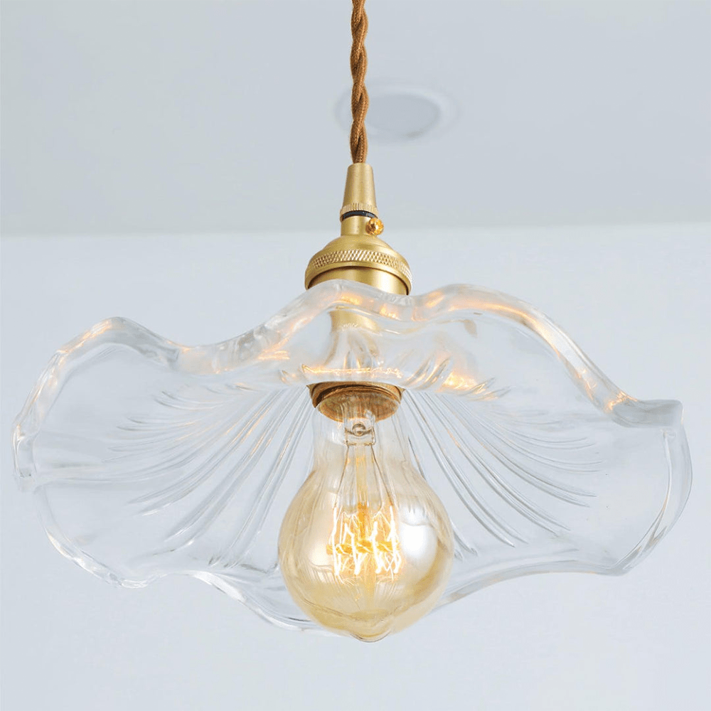 Brass Accent Pendant Light With Scalloped Glass Shade Fixture