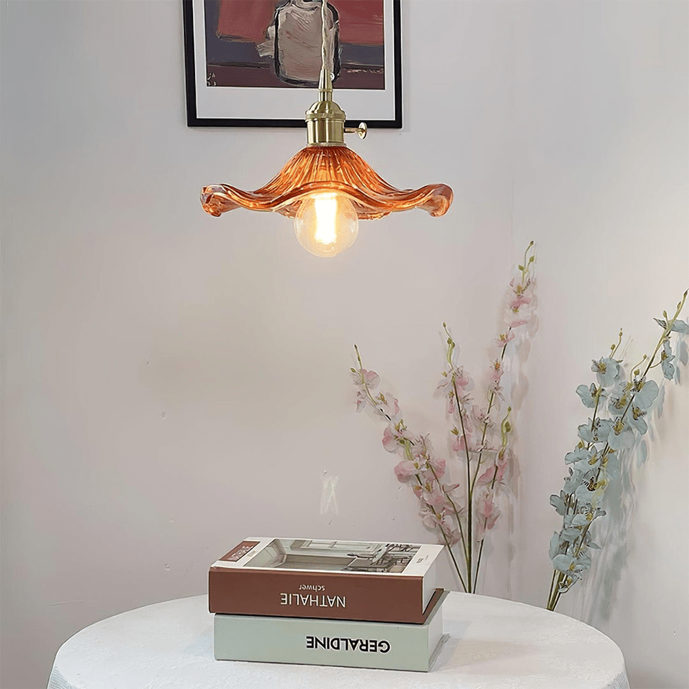 Brass Accent Pendant Light With Scalloped Glass Shade Fixture