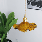 Brass Accent Pendant Light With Scalloped Glass Shade Fixture