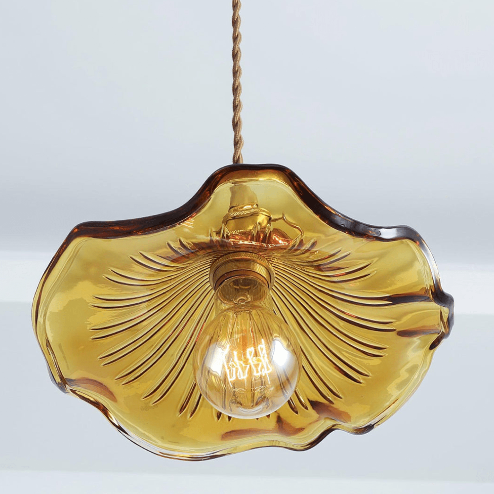 Brass Accent Pendant Light With Scalloped Glass Shade Fixture