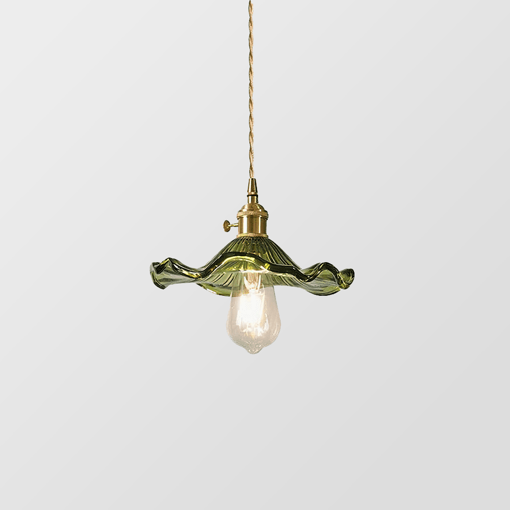 Brass Accent Pendant Light With Scalloped Glass Shade Fixture