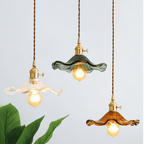 Brass Accent Pendant Light With Scalloped Glass Shade Fixture
