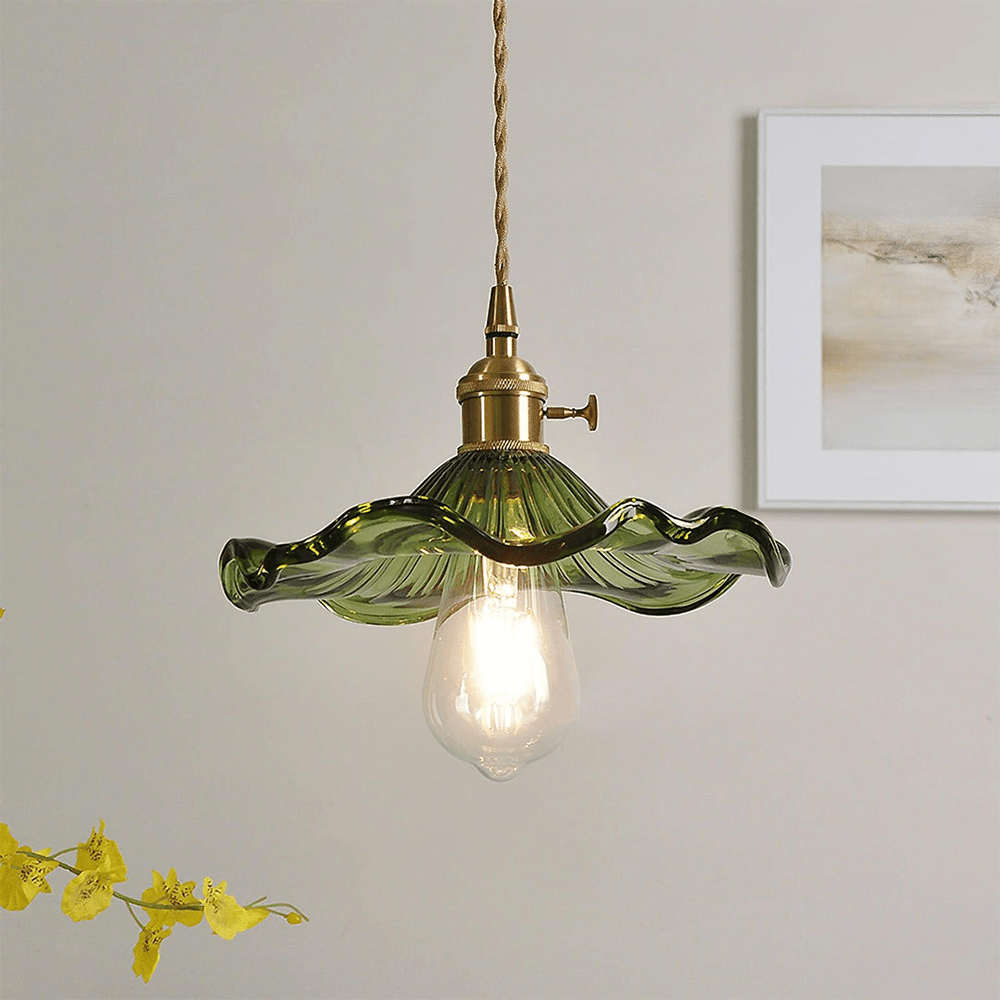 Brass Accent Pendant Light With Scalloped Glass Shade Fixture