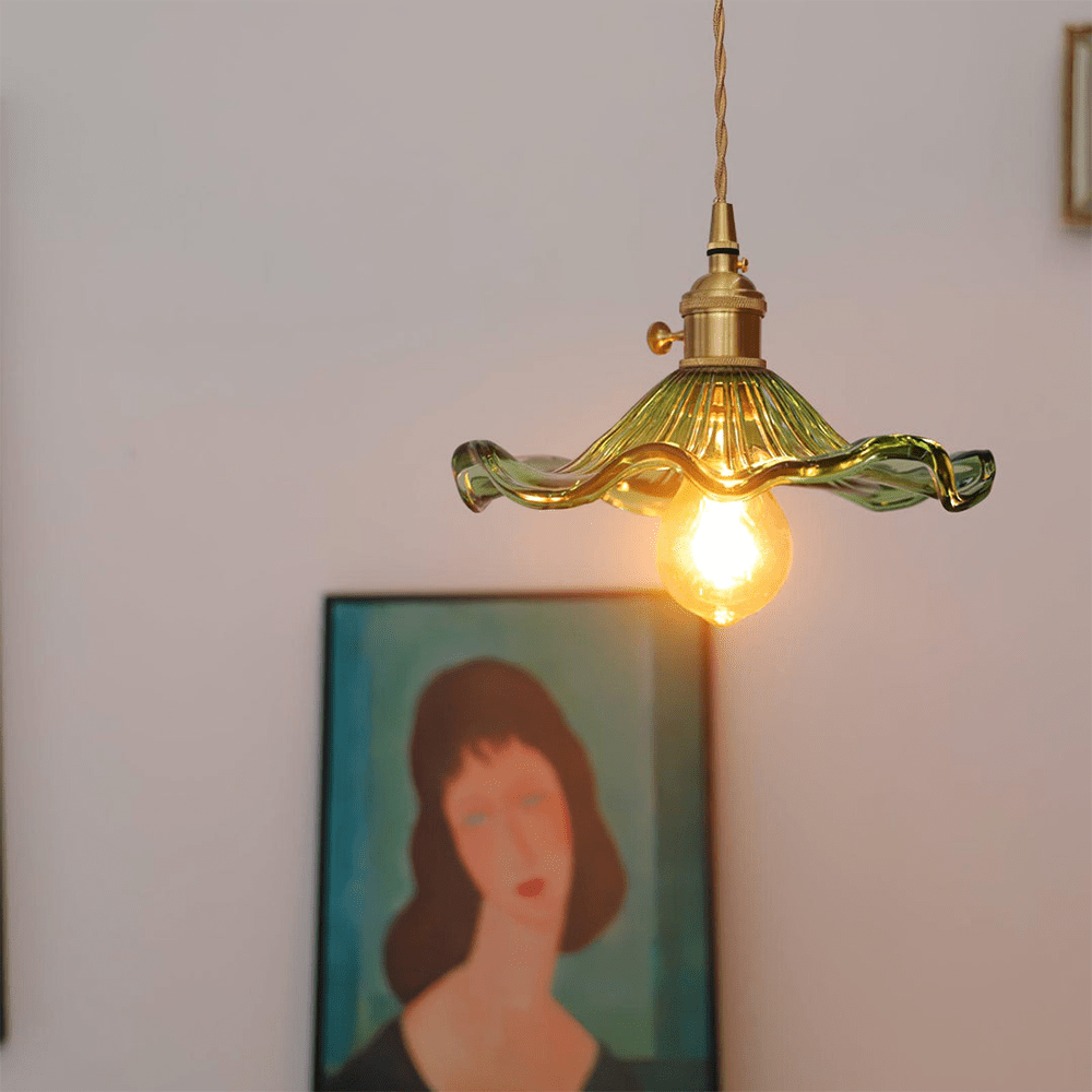 Brass Accent Pendant Light With Scalloped Glass Shade Fixture