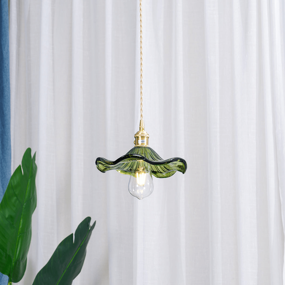 Brass Accent Pendant Light With Scalloped Glass Shade Fixture