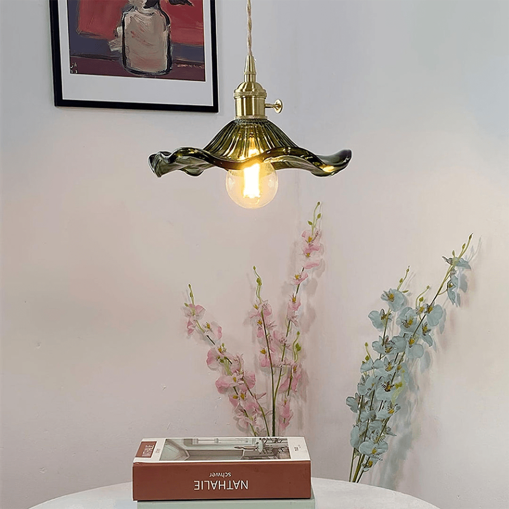 Brass Accent Pendant Light With Scalloped Glass Shade Fixture