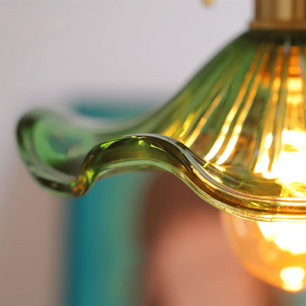Brass Accent Pendant Light With Scalloped Glass Shade Fixture