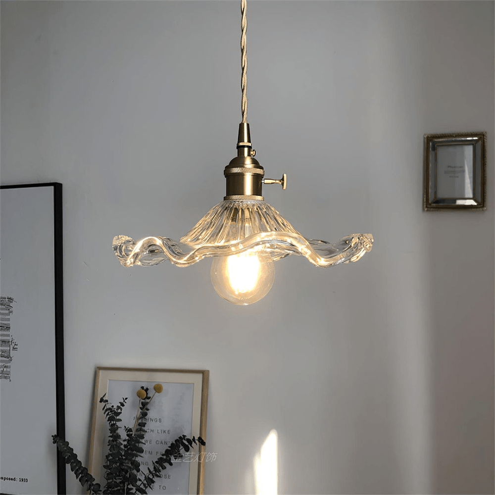 Brass Accent Pendant Light With Scalloped Glass Shade Fixture